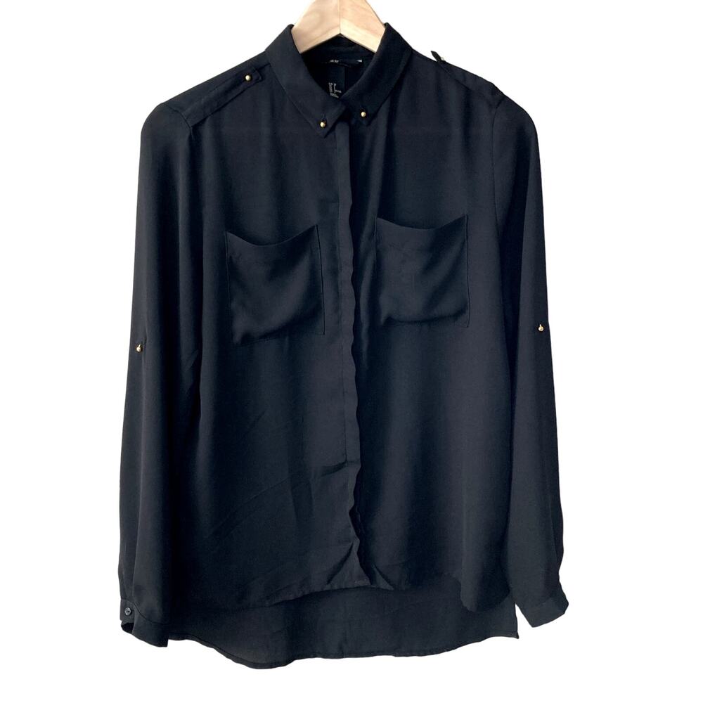 H&M Button Front Blouse - Roll Tab Sleeves - Gold Tone Button Detail - Black - 2
